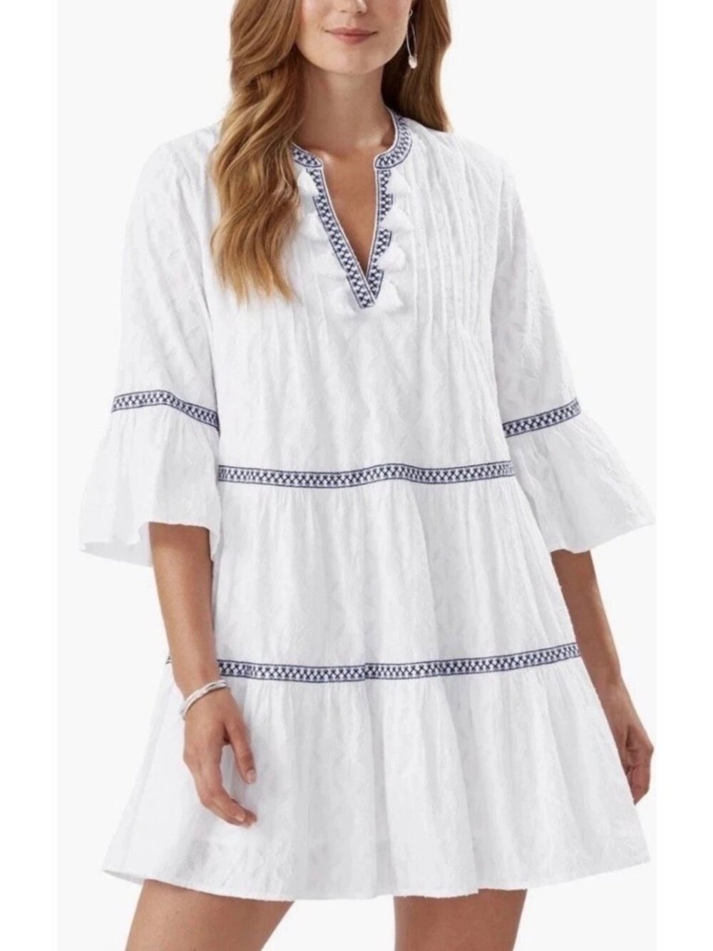 Tommy Bahama Cotton Clip Embroidered Tier Dress XS Boho Coquette